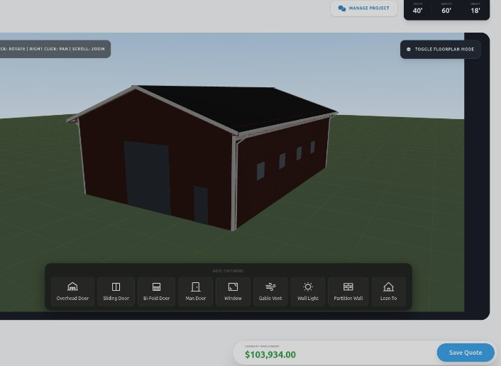 TimberLogic 3D configurator showing a post-frame building with live quote total